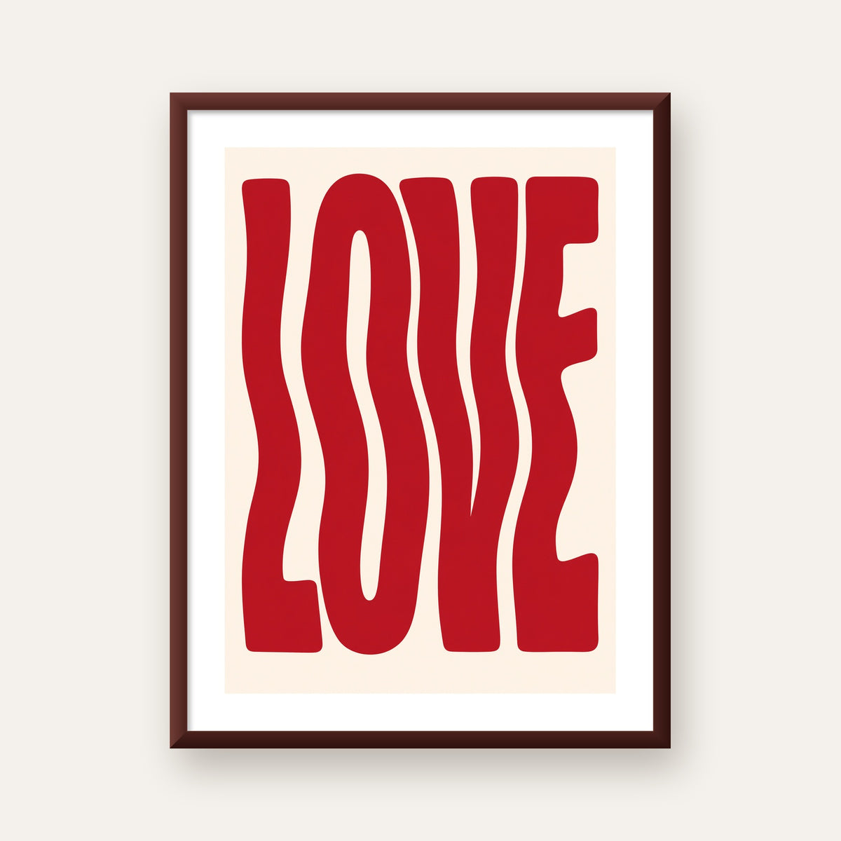 Dalgalı Kırmızı LOVE Yazılı Retro Minimal Poster — ceviz çerçeveli paspartulu