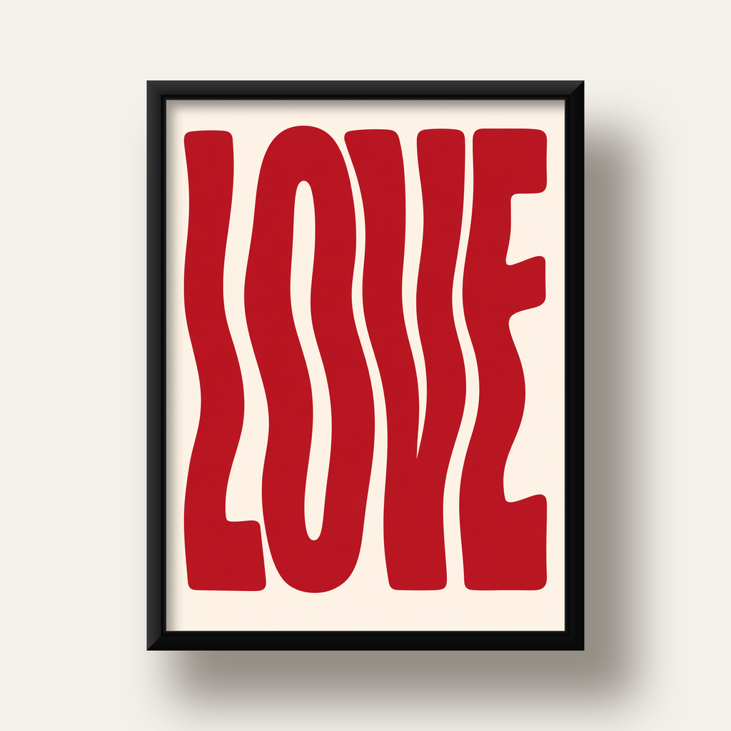 Dalgalı Kırmızı LOVE Yazılı Retro Minimal Poster — siyah derin çerçeveli