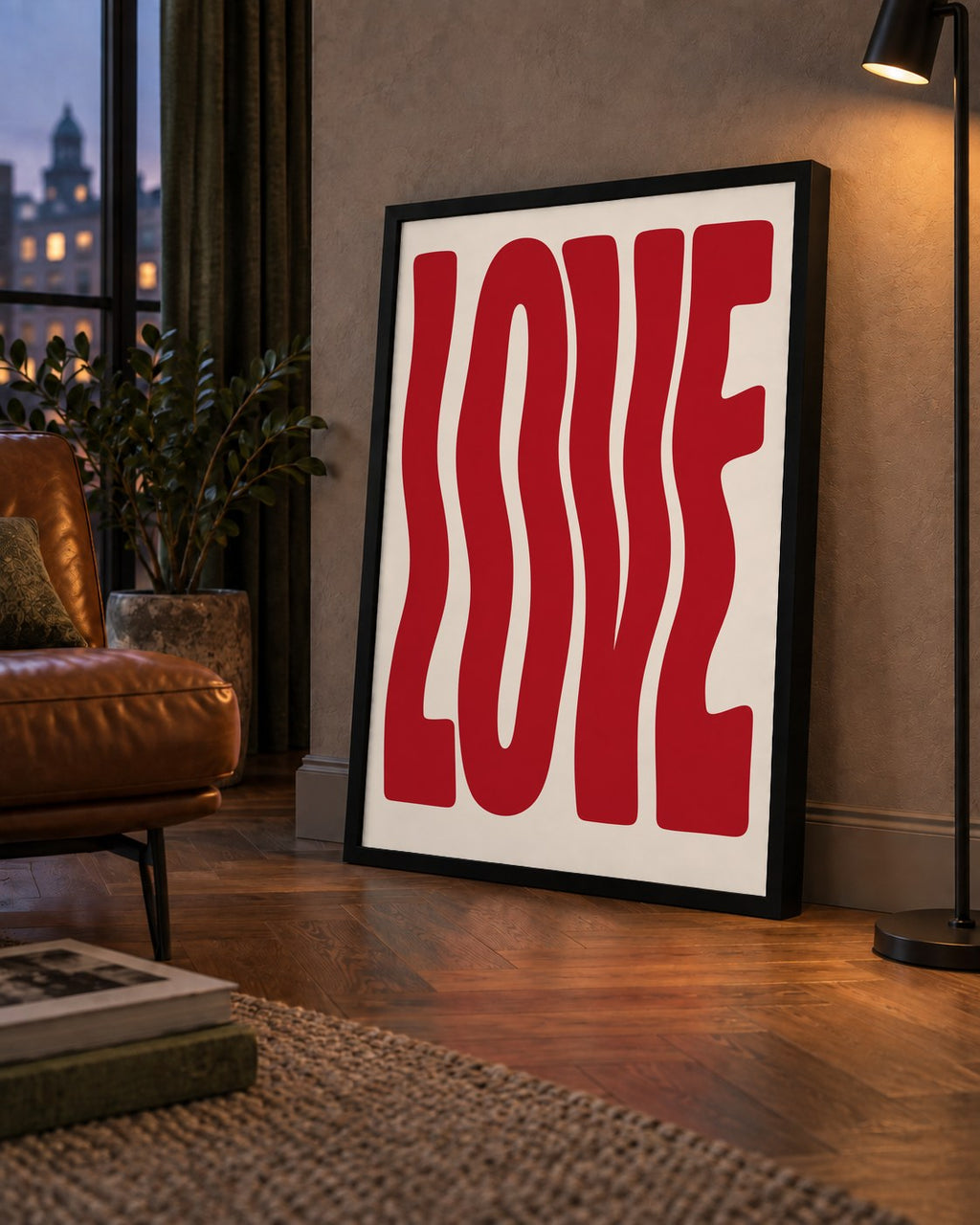 Dalgalı Kırmızı LOVE Yazılı Retro Minimal Poster — çerçeveli hâliyle bir ev duvarında