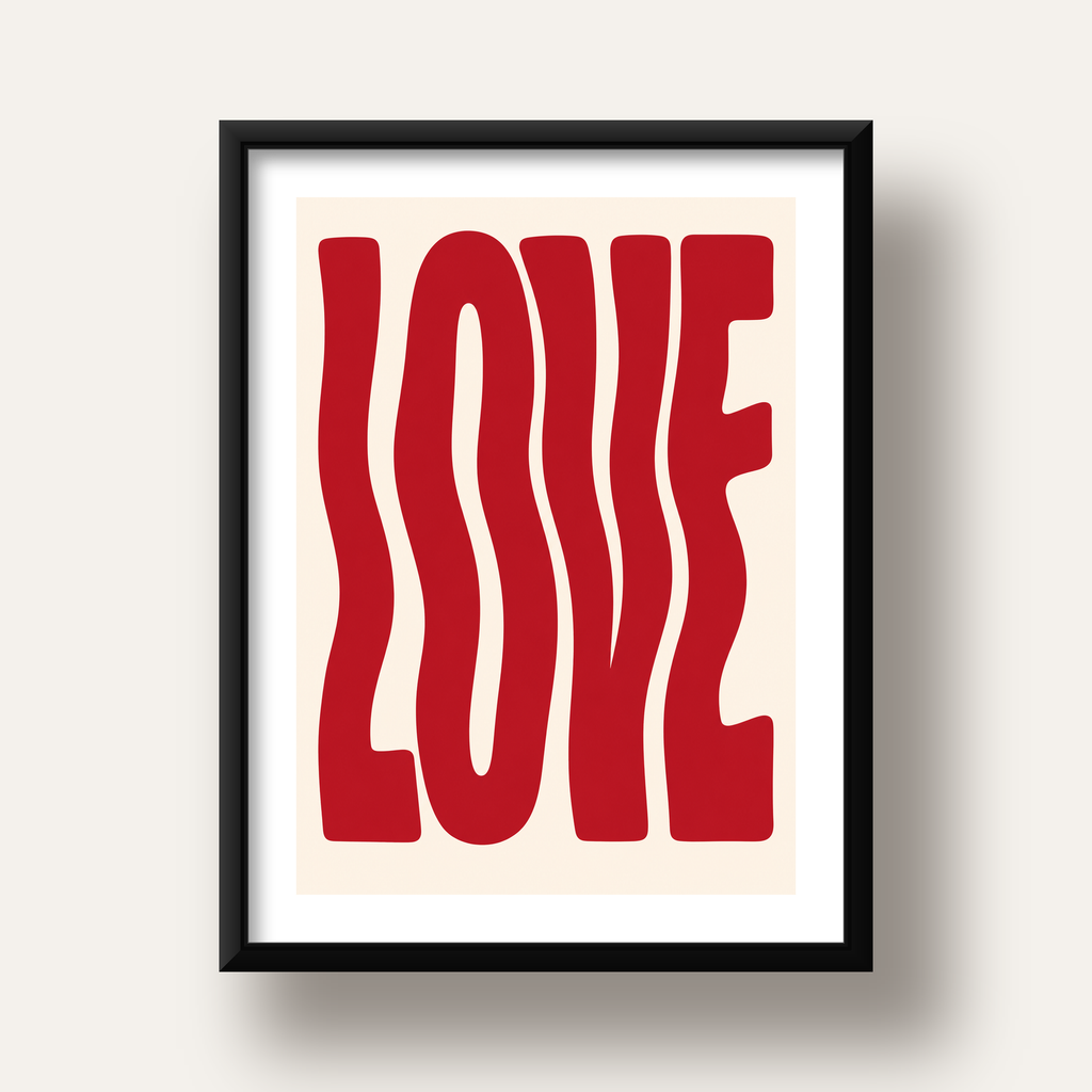 Dalgalı Kırmızı LOVE Yazılı Retro Minimal Poster — siyah derin çerçeveli paspartulu