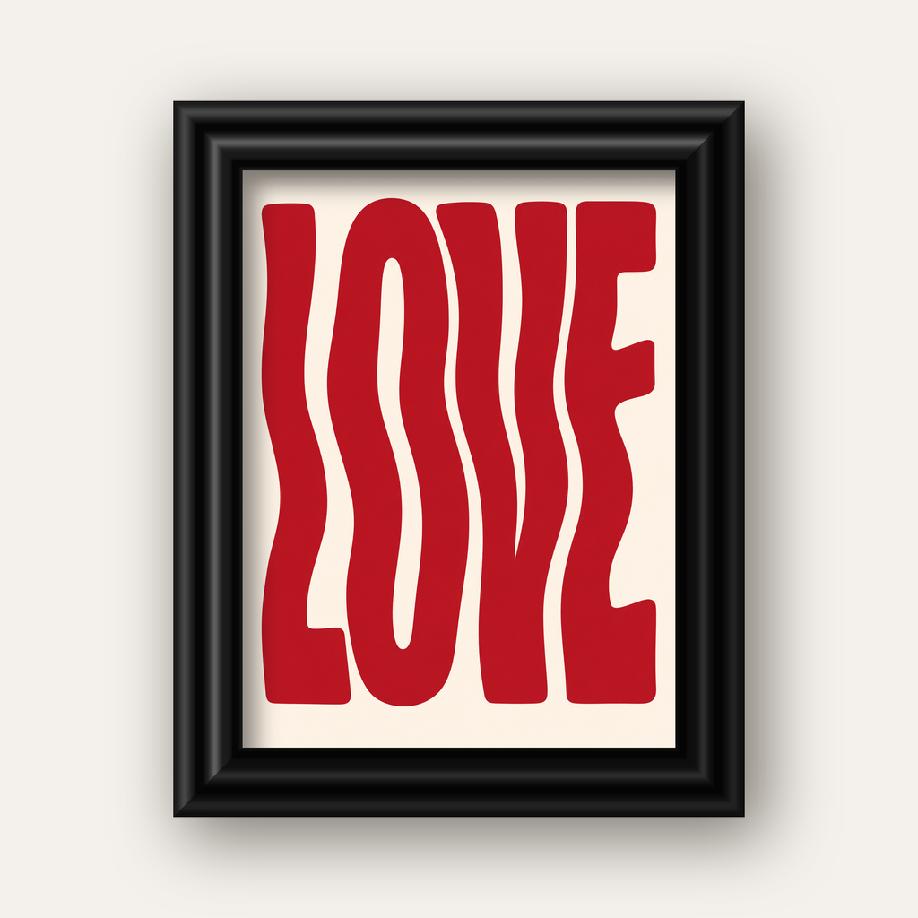 Dalgalı Kırmızı LOVE Yazılı Retro Minimal Poster — siyah galeri çerçeveli