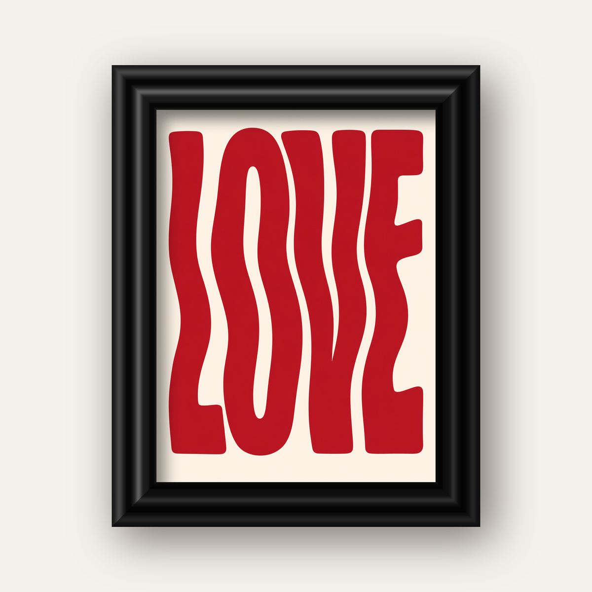 Dalgalı Kırmızı LOVE Yazılı Retro Minimal Poster — siyah galeri çerçeveli