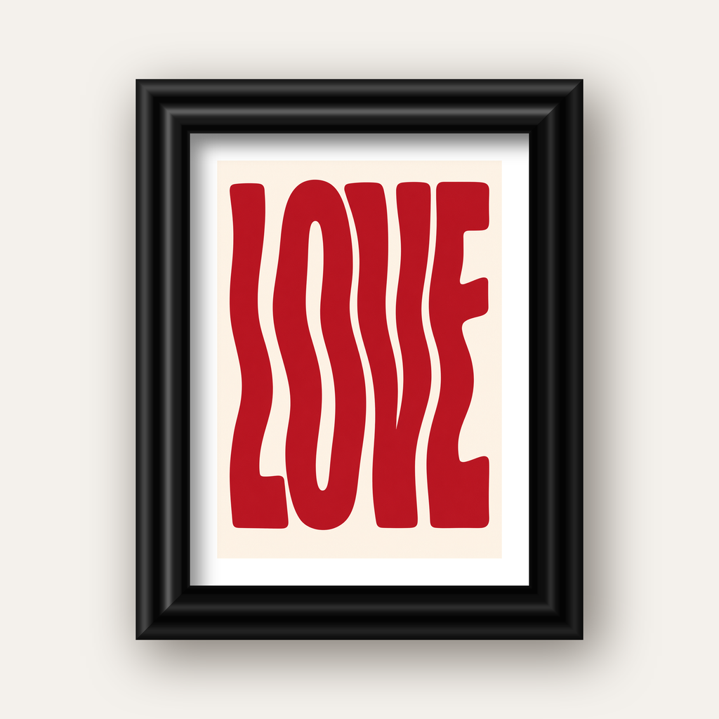 Dalgalı Kırmızı LOVE Yazılı Retro Minimal Poster — siyah galeri çerçeveli paspartulu