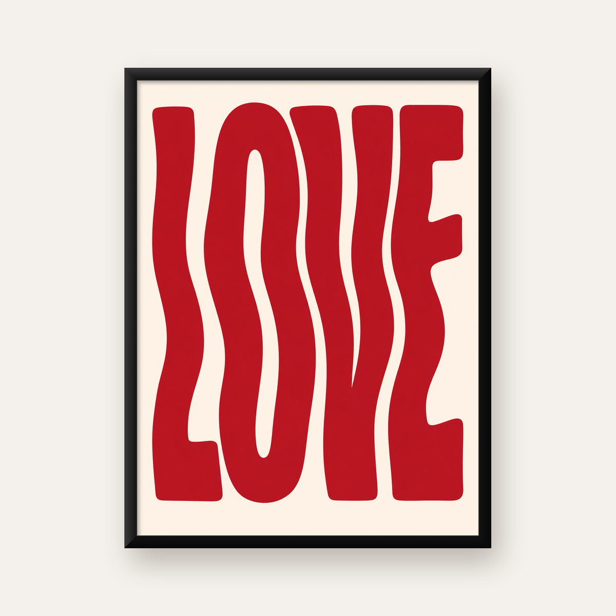 Dalgalı Kırmızı LOVE Yazılı Retro Minimal Poster — Dikey baskı, düz siyah çerçeveli duvar posteri