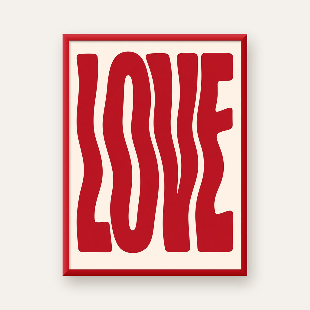 Dalgalı Kırmızı LOVE Yazılı Retro Minimal Poster — kırmızı çerçeveli