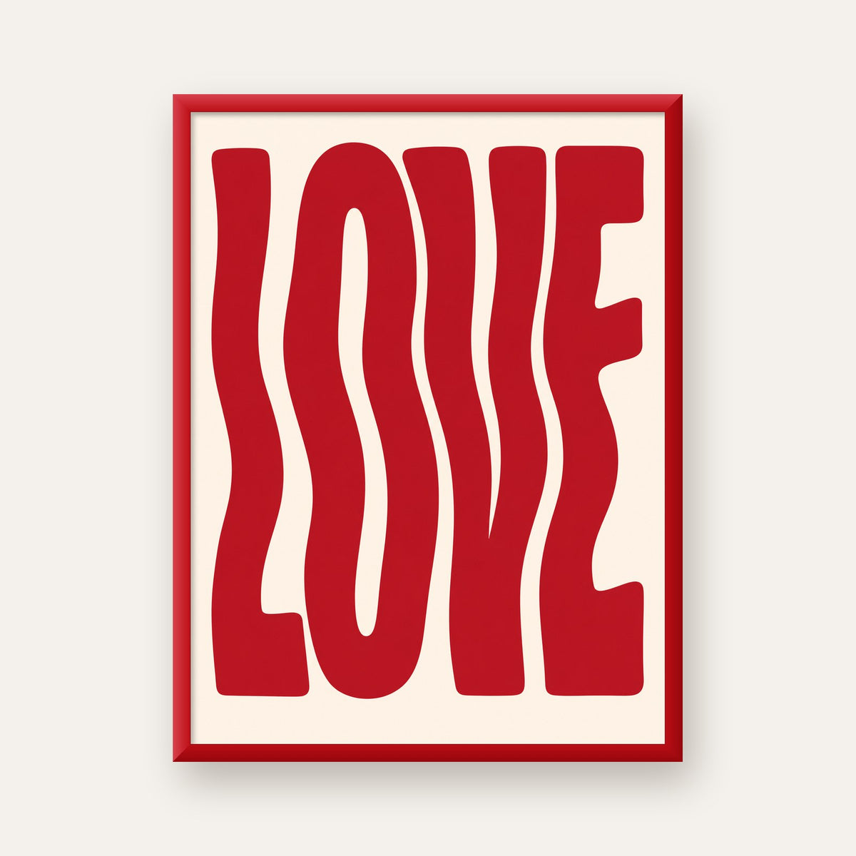 Dalgalı Kırmızı LOVE Yazılı Retro Minimal Poster — kırmızı çerçeveli