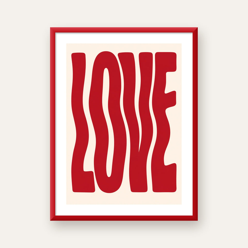 Dalgalı Kırmızı LOVE Yazılı Retro Minimal Poster — kırmızı çerçeveli paspartulu