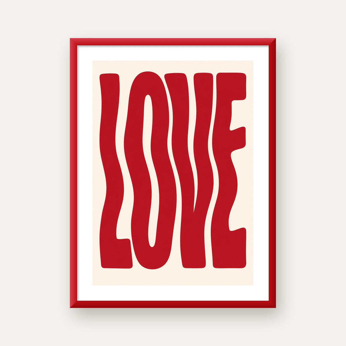 Dalgalı Kırmızı LOVE Yazılı Retro Minimal Poster — kırmızı çerçeveli paspartulu