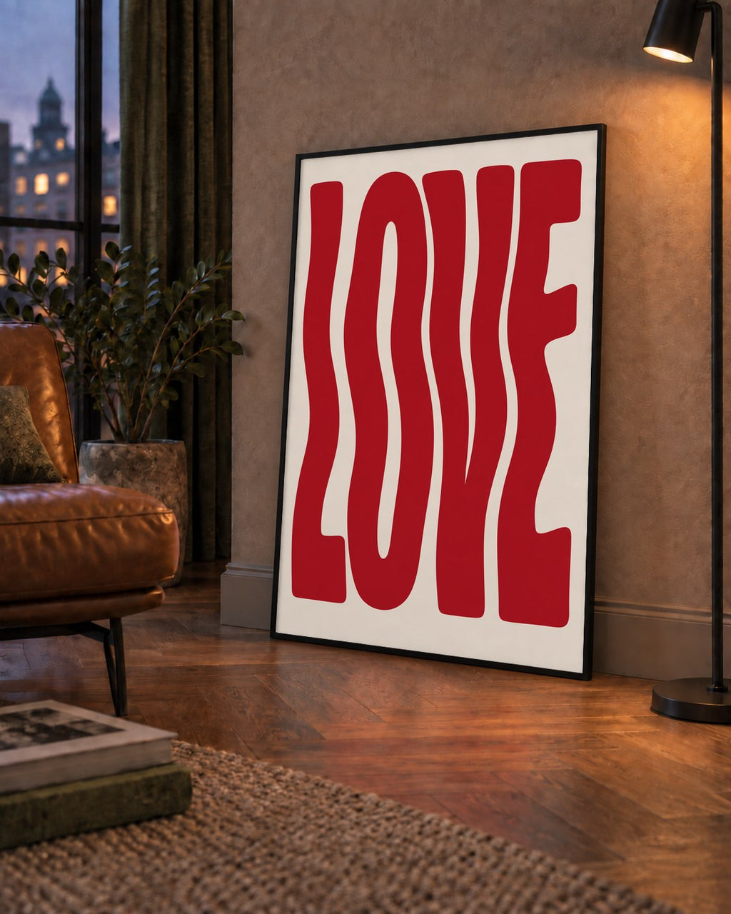 Dalgalı Kırmızı LOVE Yazılı Retro Minimal Poster — çerçeveli hâliyle bir ev duvarında