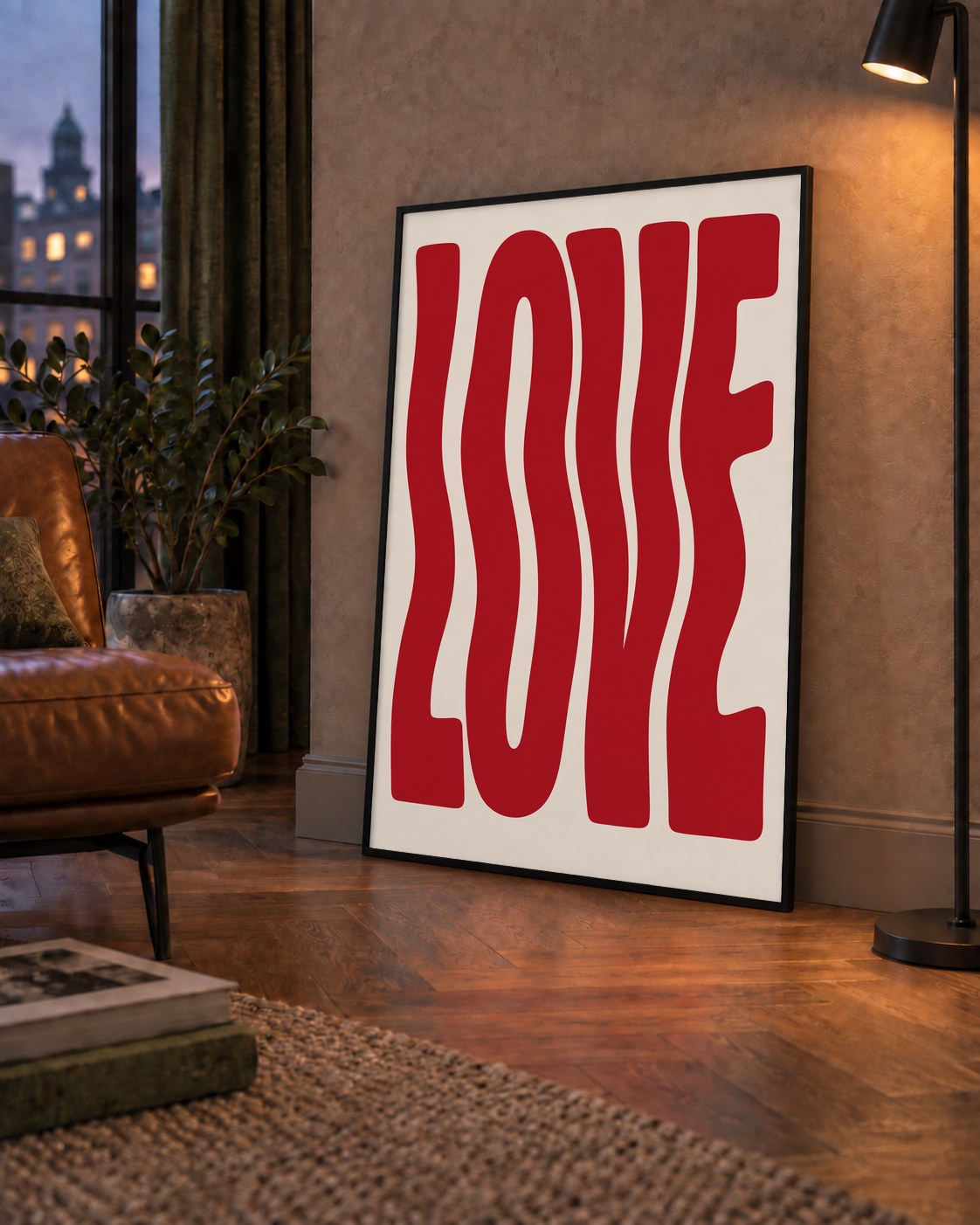 Dalgalı Kırmızı LOVE Yazılı Retro Minimal Poster — çerçeveli hâliyle bir ev duvarında