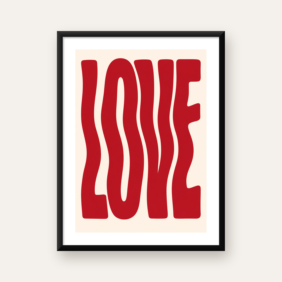 Dalgalı Kırmızı LOVE Yazılı Retro Minimal Poster — Dikey baskı, beyaz paspartulu