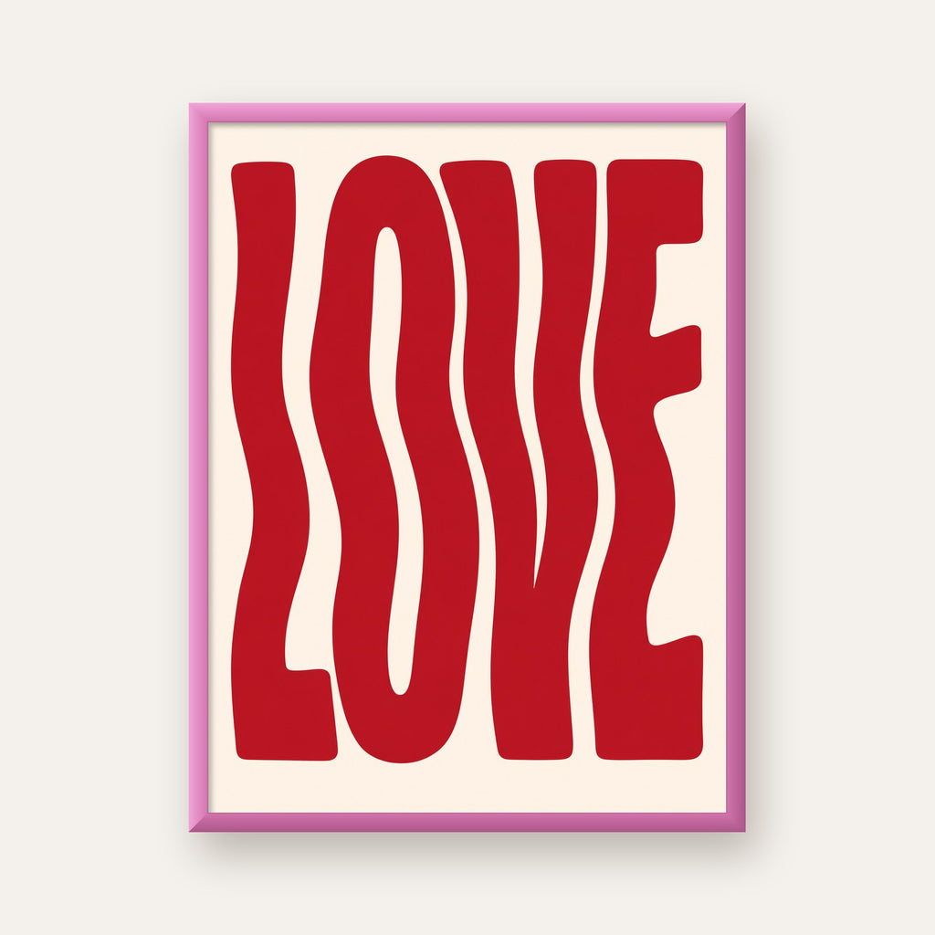 Dalgalı Kırmızı LOVE Yazılı Retro Minimal Poster — pembe çerçeveli
