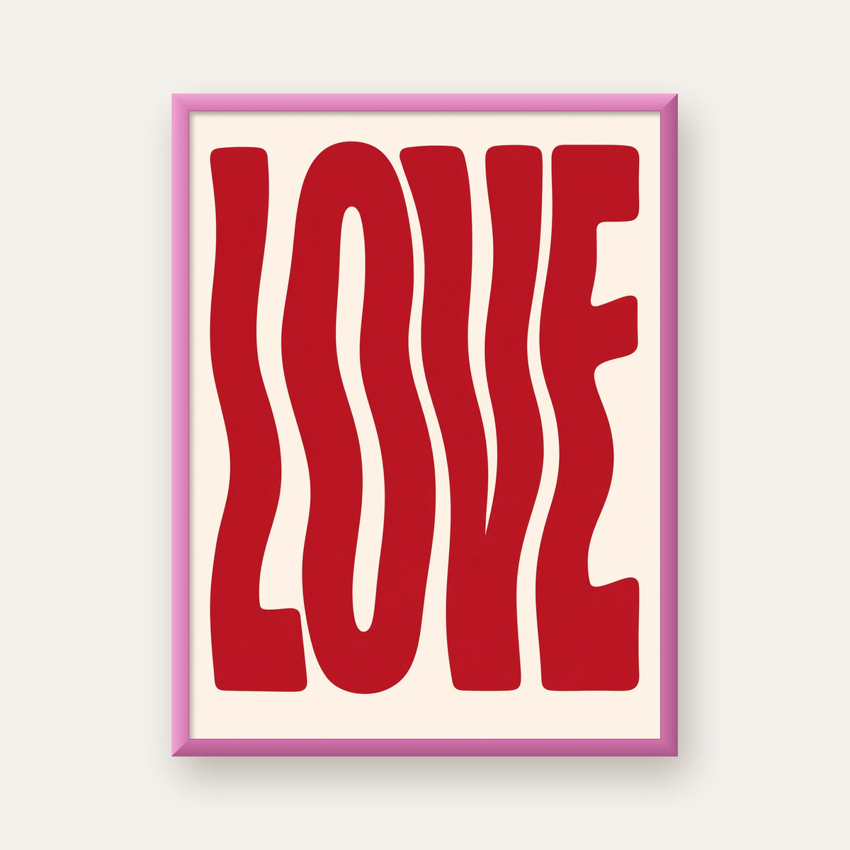 Dalgalı Kırmızı LOVE Yazılı Retro Minimal Poster — pembe çerçeveli