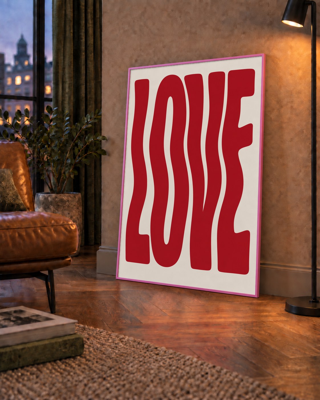 Dalgalı Kırmızı LOVE Yazılı Retro Minimal Poster — çerçeveli hâliyle bir ev duvarında