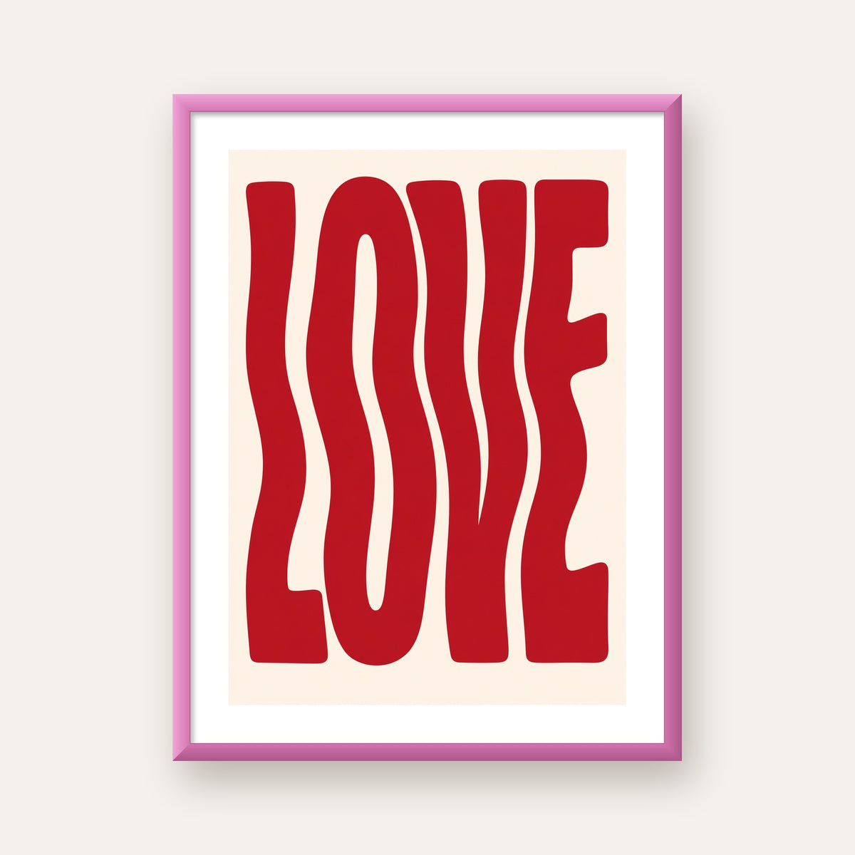 Dalgalı Kırmızı LOVE Yazılı Retro Minimal Poster — pembe çerçeveli paspartulu