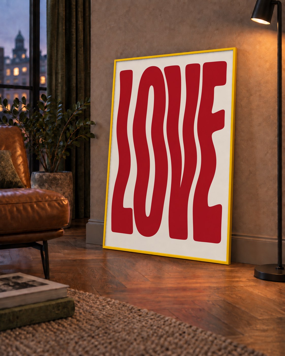 Dalgalı Kırmızı LOVE Yazılı Retro Minimal Poster — çerçeveli hâliyle bir ev duvarında