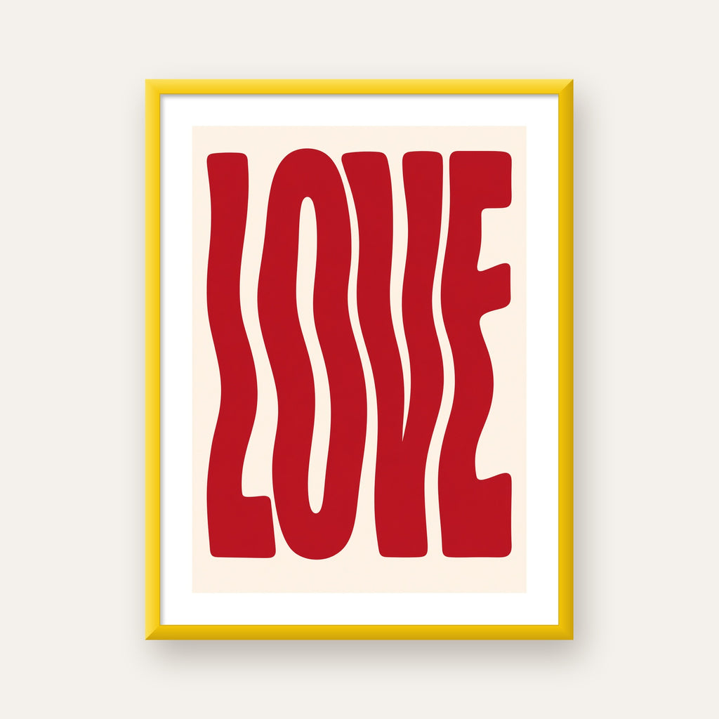 Dalgalı Kırmızı LOVE Yazılı Retro Minimal Poster — sarı çerçeveli paspartulu