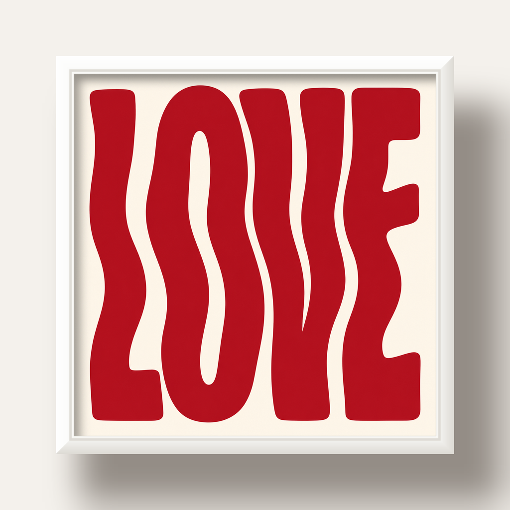 Dalgalı Kırmızı LOVE Yazılı Retro Minimal Poster — beyaz derin çerçeveli