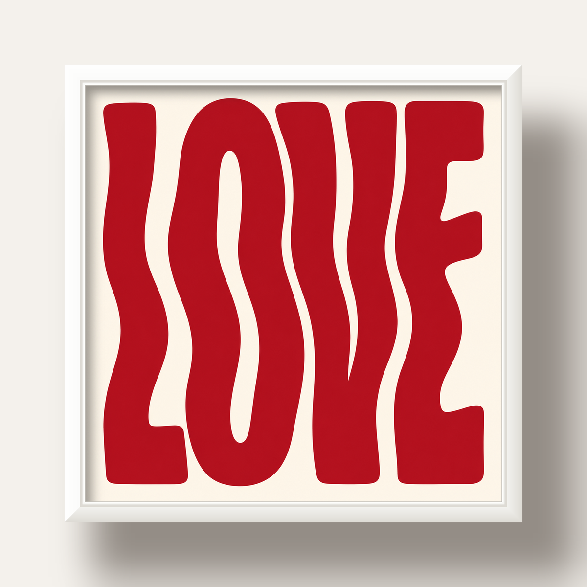 Dalgalı Kırmızı LOVE Yazılı Retro Minimal Poster — beyaz derin çerçeveli