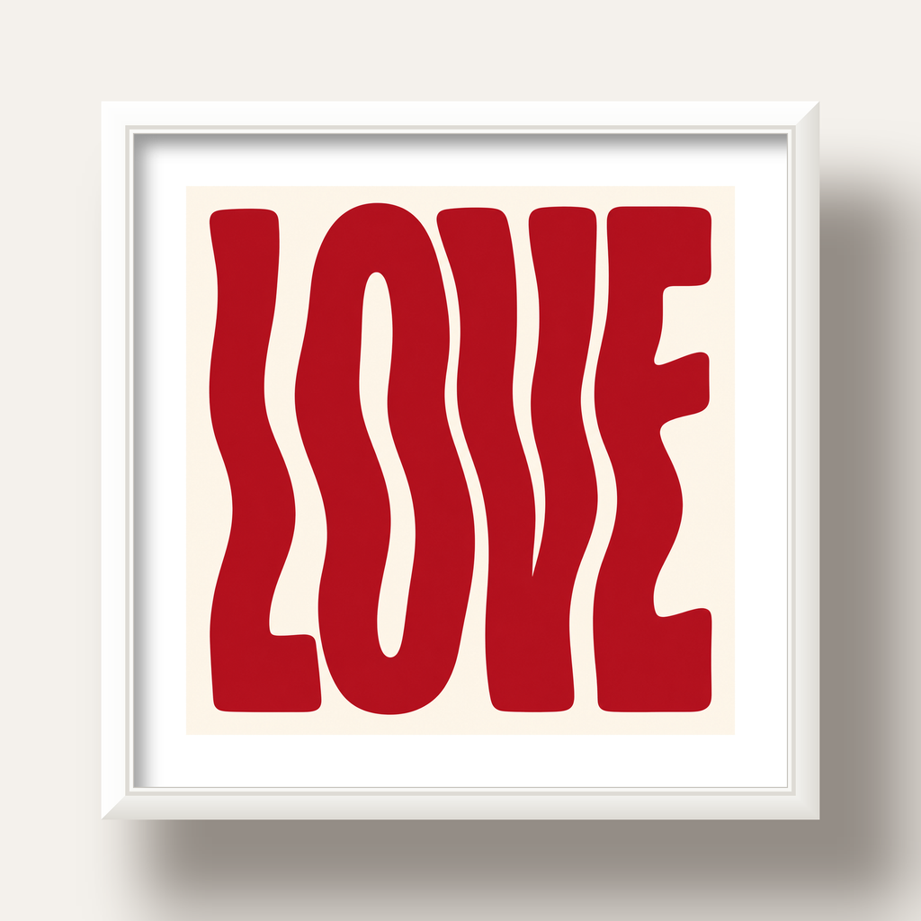 Dalgalı Kırmızı LOVE Yazılı Retro Minimal Poster — beyaz derin çerçeveli paspartulu
