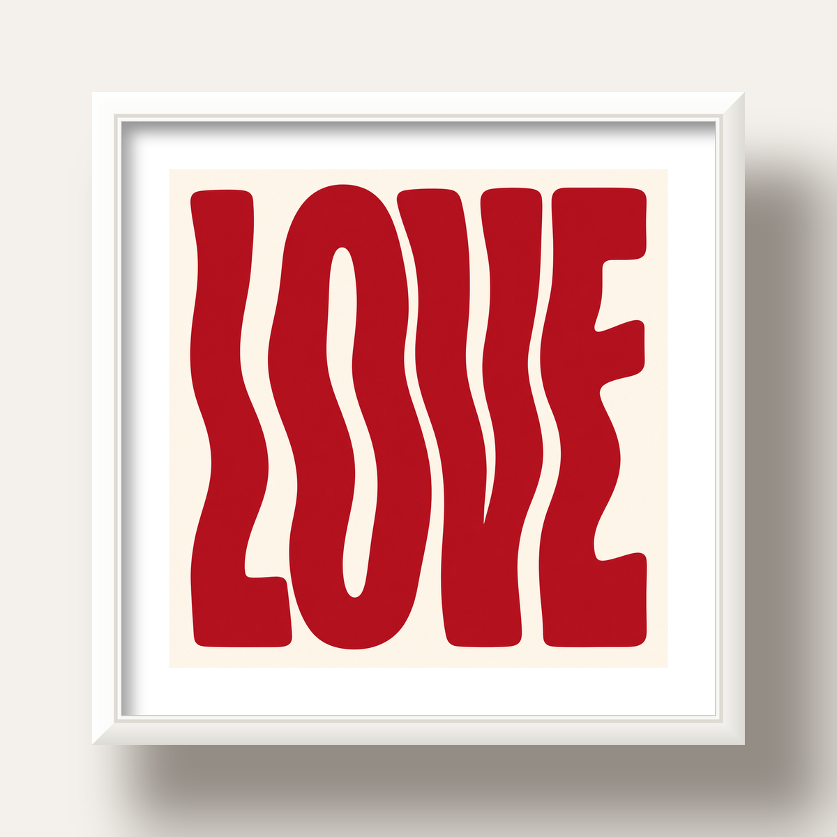Dalgalı Kırmızı LOVE Yazılı Retro Minimal Poster — beyaz derin çerçeveli paspartulu