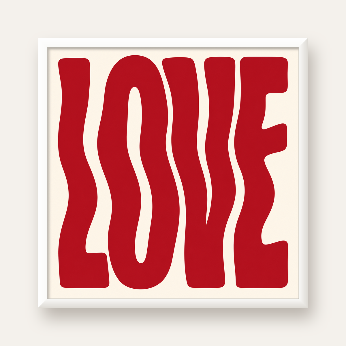 Dalgalı Kırmızı LOVE Yazılı Retro Minimal Poster — beyaz çerçeveli kare poster