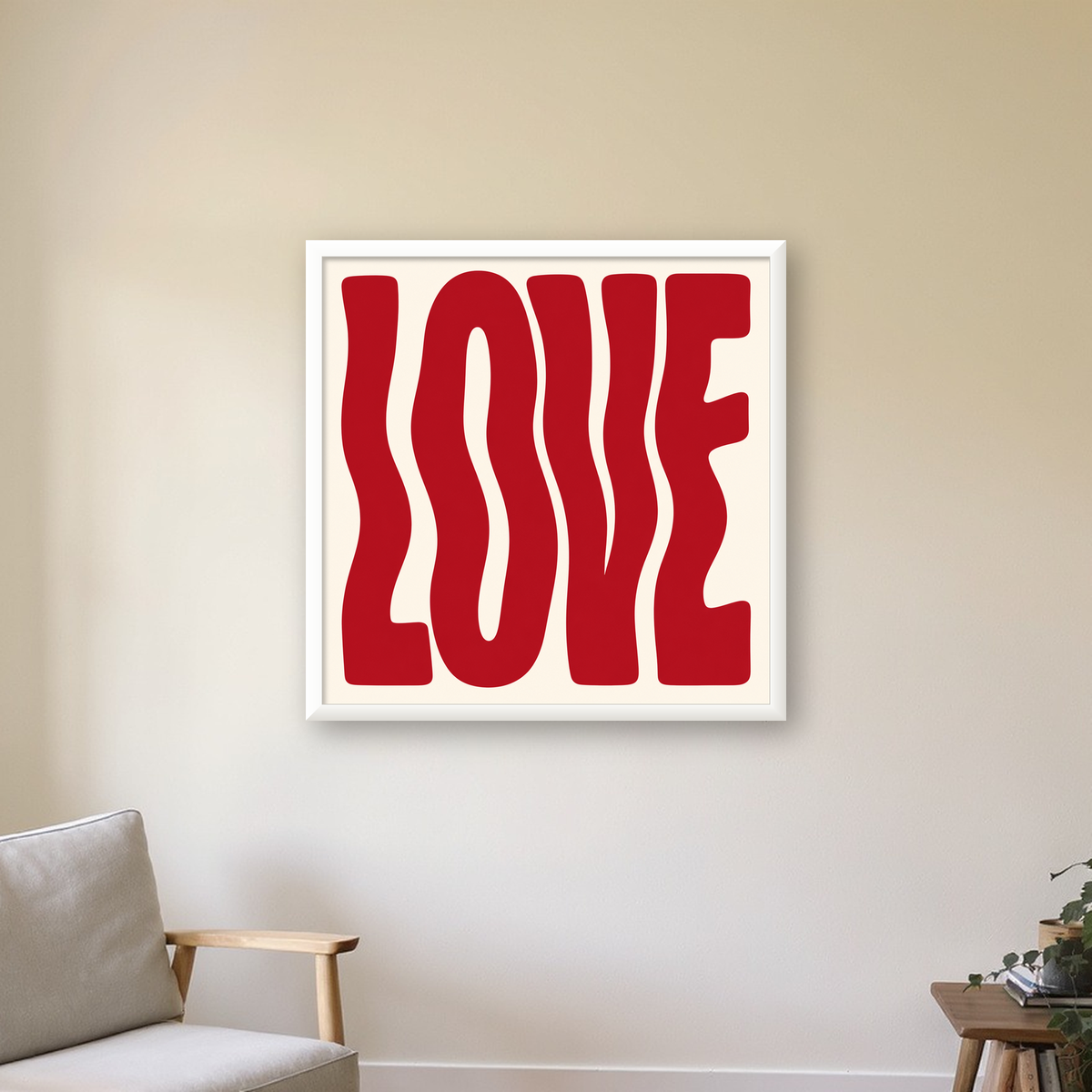 Dalgalı Kırmızı LOVE Yazılı Retro Minimal Poster — beyaz çerçeveli kare poster