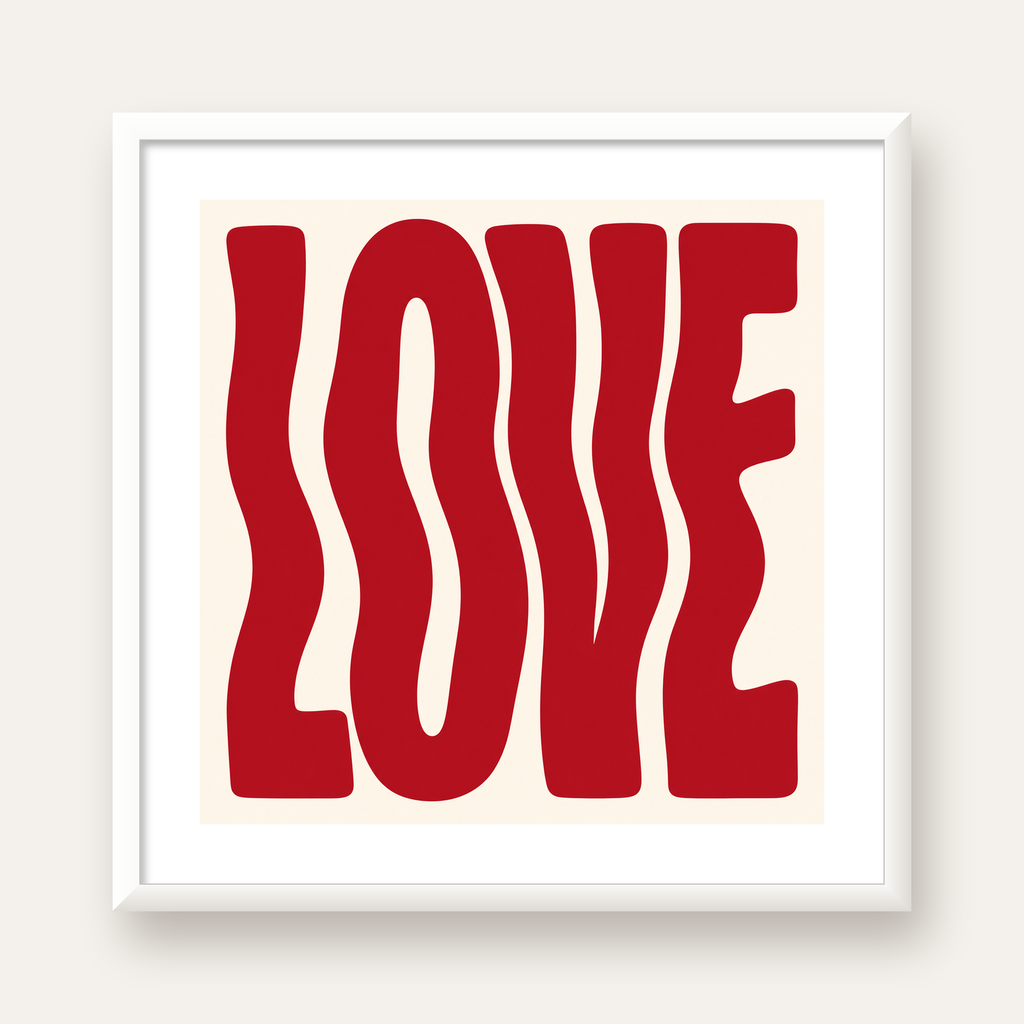 Dalgalı Kırmızı LOVE Yazılı Retro Minimal Poster — beyaz çerçeveli kare poster