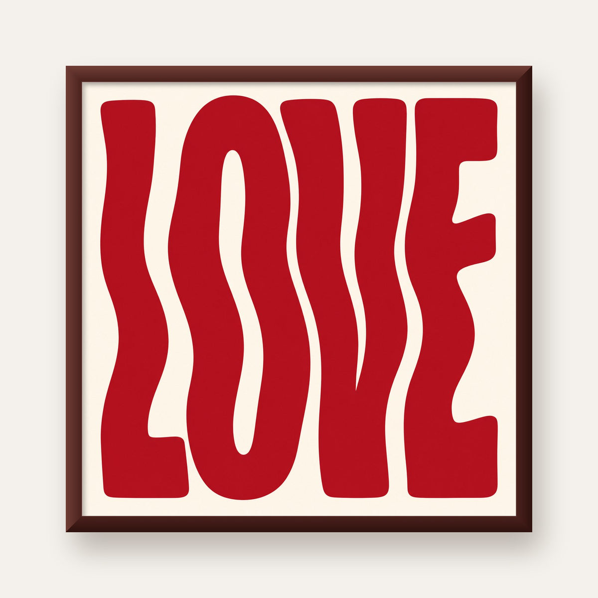 Dalgalı Kırmızı LOVE Yazılı Retro Minimal Poster — ceviz çerçeveli