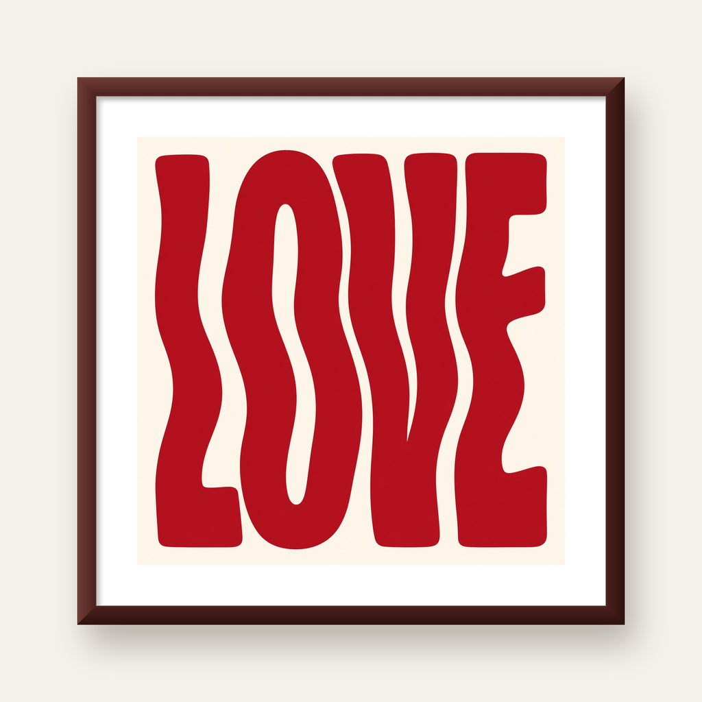Dalgalı Kırmızı LOVE Yazılı Retro Minimal Poster — ceviz çerçeveli paspartulu