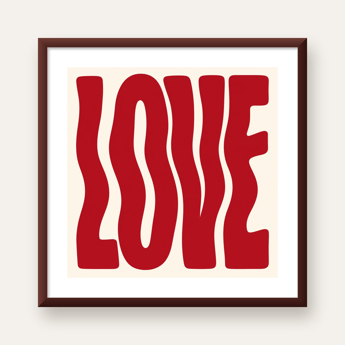 Dalgalı Kırmızı LOVE Yazılı Retro Minimal Poster — ceviz çerçeveli paspartulu