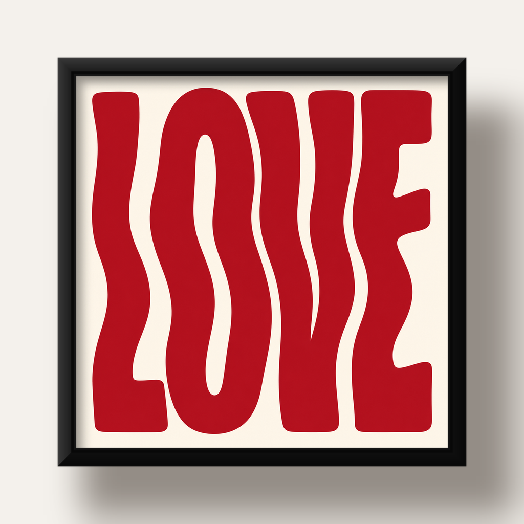 Dalgalı Kırmızı LOVE Yazılı Retro Minimal Poster — siyah derin çerçeveli
