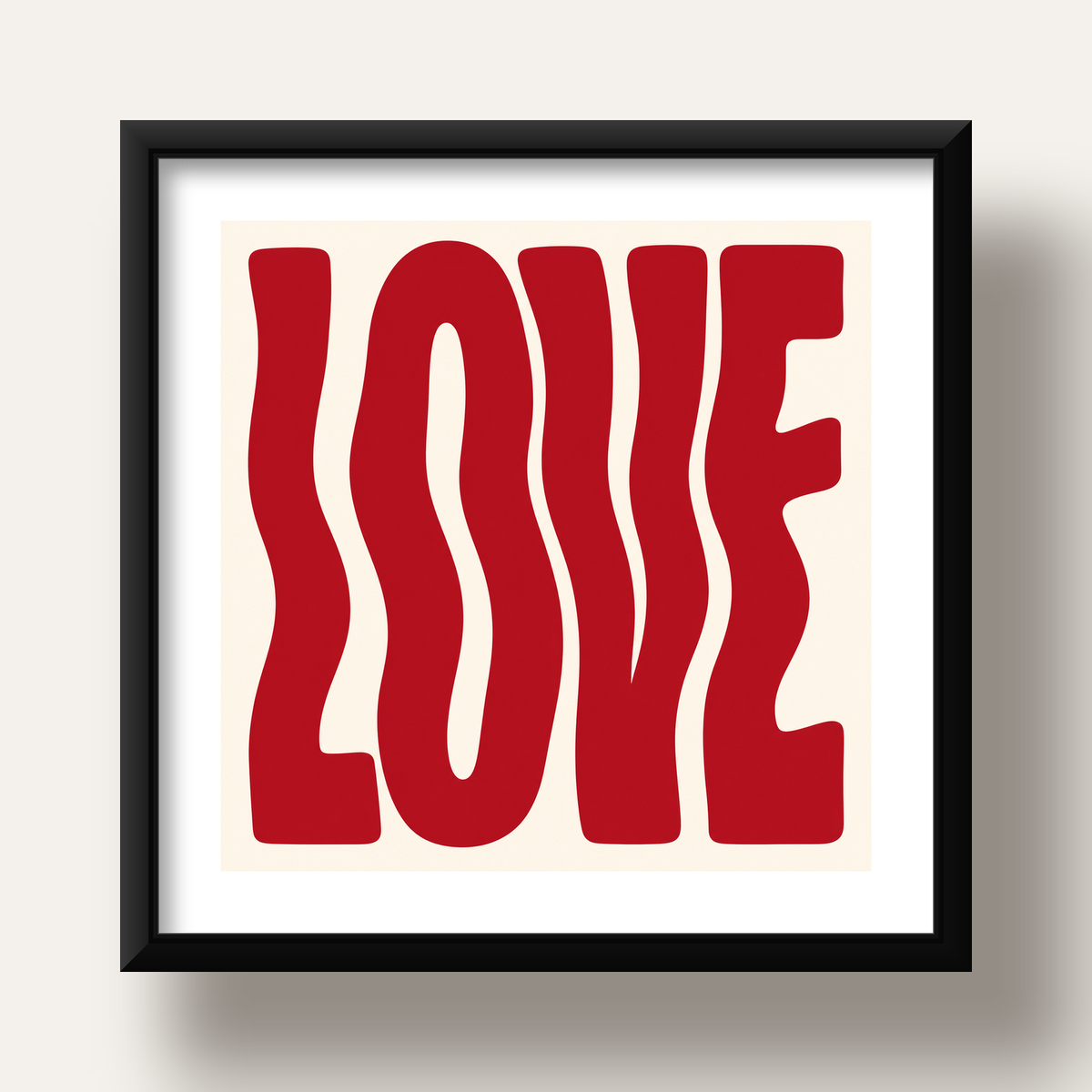 Dalgalı Kırmızı LOVE Yazılı Retro Minimal Poster — siyah derin çerçeveli paspartulu