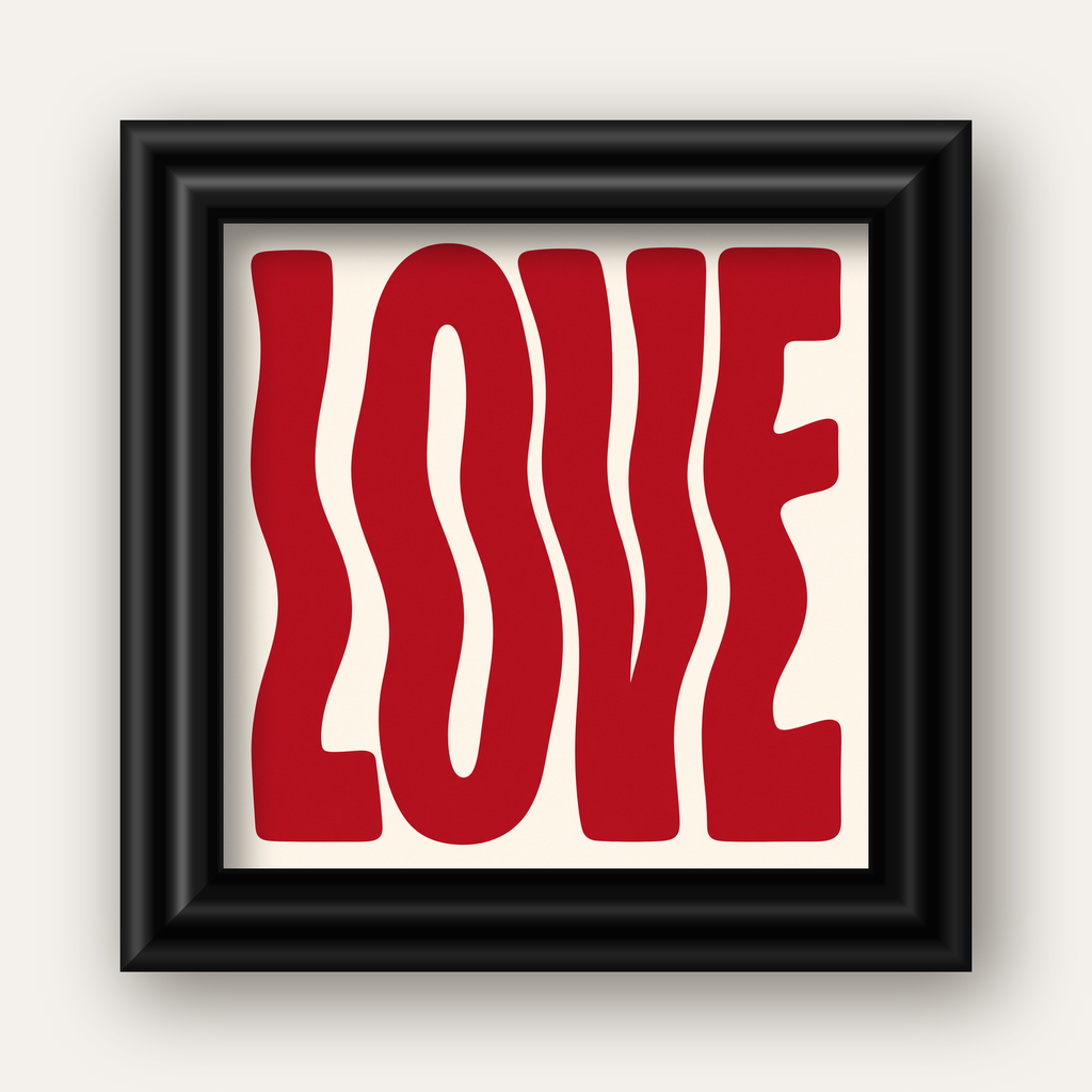 Dalgalı Kırmızı LOVE Yazılı Retro Minimal Poster — siyah galeri çerçeveli