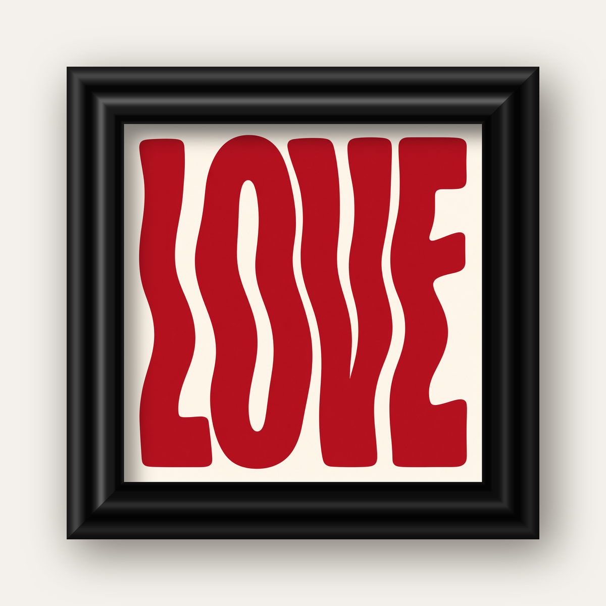 Dalgalı Kırmızı LOVE Yazılı Retro Minimal Poster — siyah galeri çerçeveli