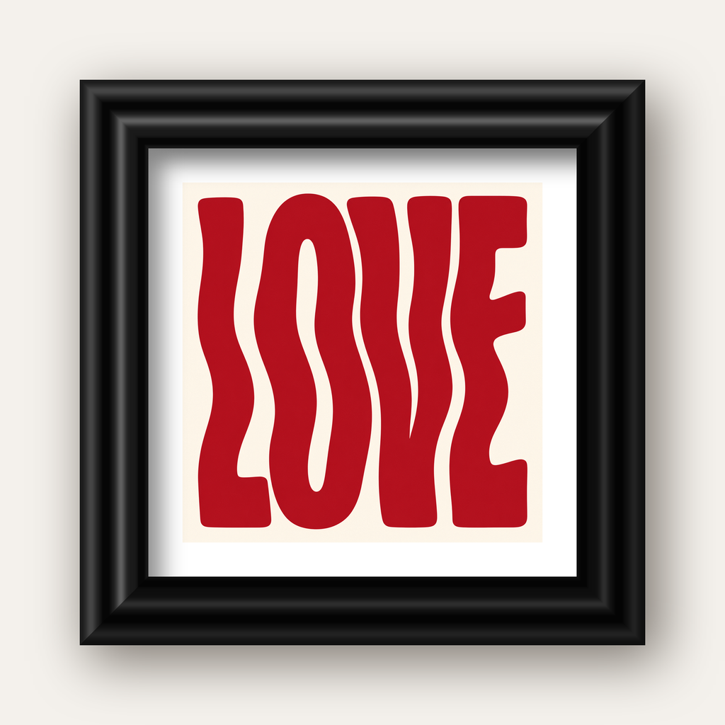Dalgalı Kırmızı LOVE Yazılı Retro Minimal Poster — siyah galeri çerçeveli paspartulu
