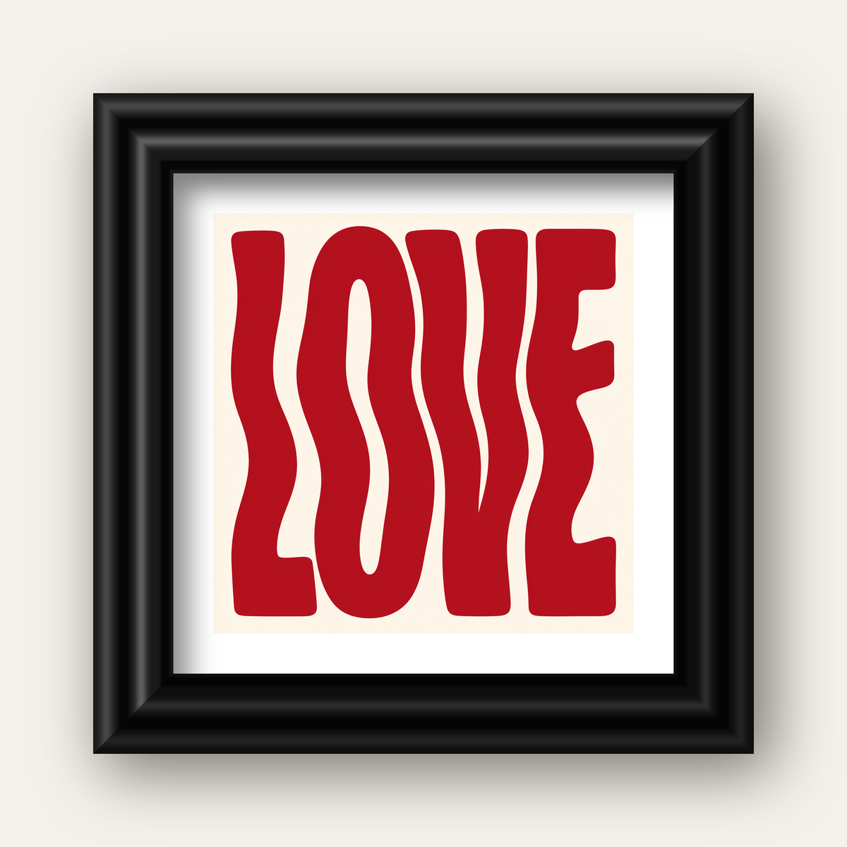 Dalgalı Kırmızı LOVE Yazılı Retro Minimal Poster — siyah galeri çerçeveli paspartulu
