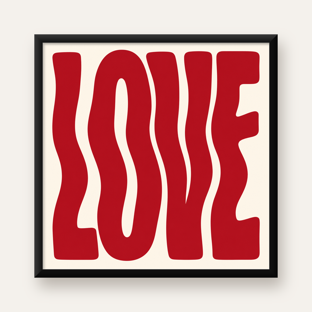 Dalgalı Kırmızı LOVE Yazılı Retro Minimal Poster — Kare baskı, düz siyah çerçeveli duvar posteri