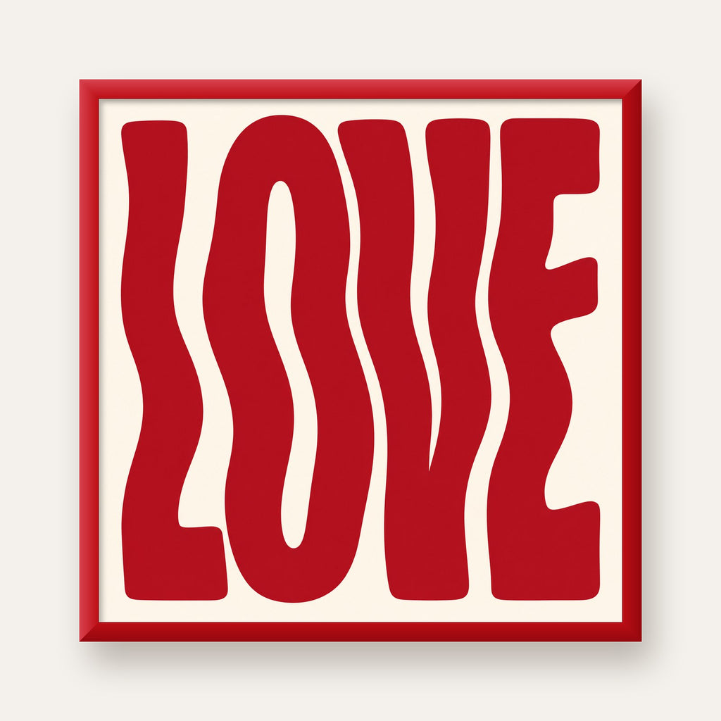 Dalgalı Kırmızı LOVE Yazılı Retro Minimal Poster — kırmızı çerçeveli