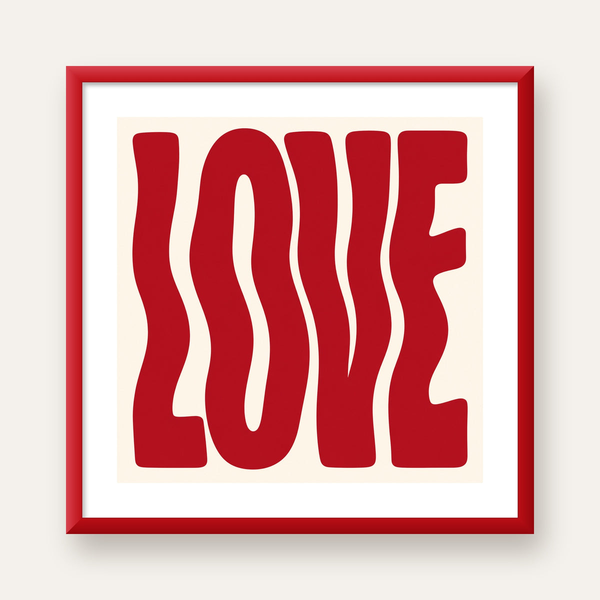 Dalgalı Kırmızı LOVE Yazılı Retro Minimal Poster — kırmızı çerçeveli paspartulu
