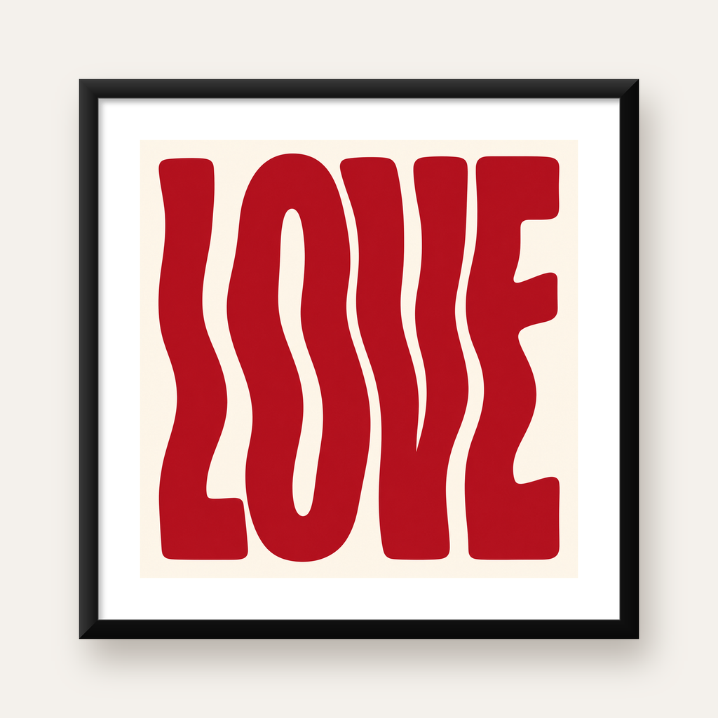 Dalgalı Kırmızı LOVE Yazılı Retro Minimal Poster — Kare baskı, beyaz paspartulu