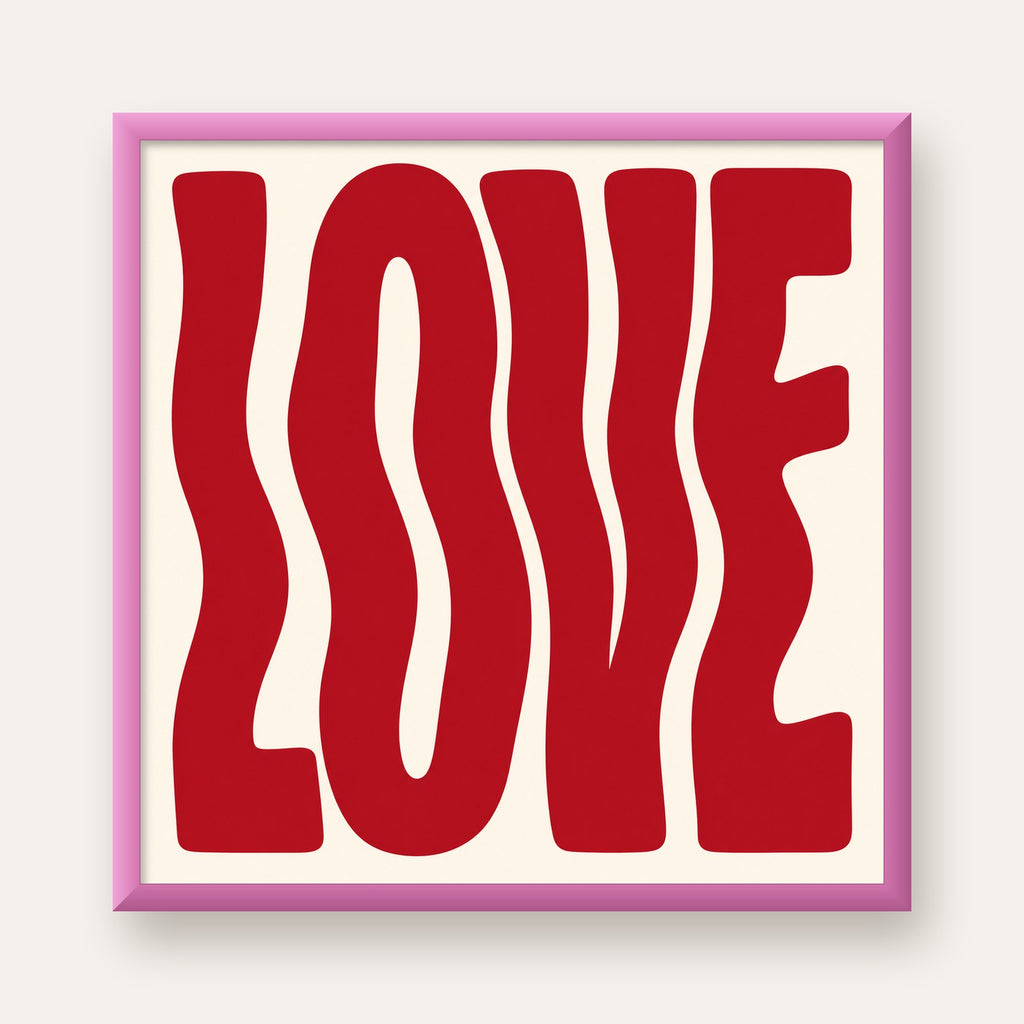Dalgalı Kırmızı LOVE Yazılı Retro Minimal Poster — pembe çerçeveli