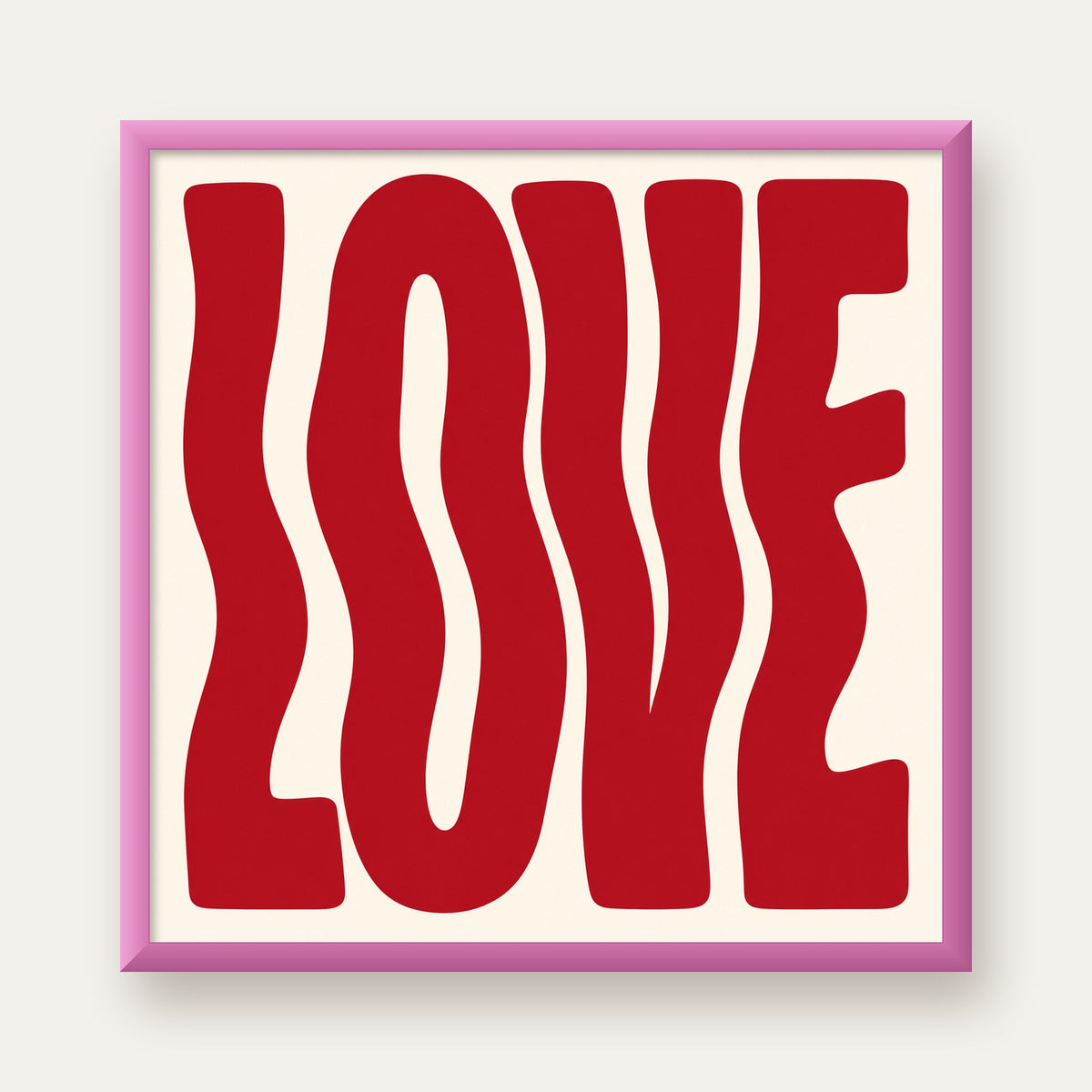 Dalgalı Kırmızı LOVE Yazılı Retro Minimal Poster — pembe çerçeveli
