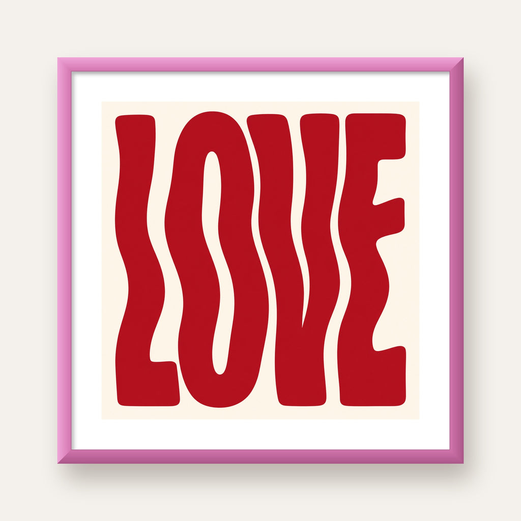 Dalgalı Kırmızı LOVE Yazılı Retro Minimal Poster — pembe çerçeveli paspartulu