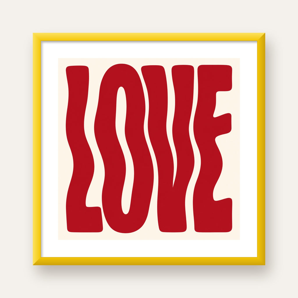 Dalgalı Kırmızı LOVE Yazılı Retro Minimal Poster — sarı çerçeveli paspartulu