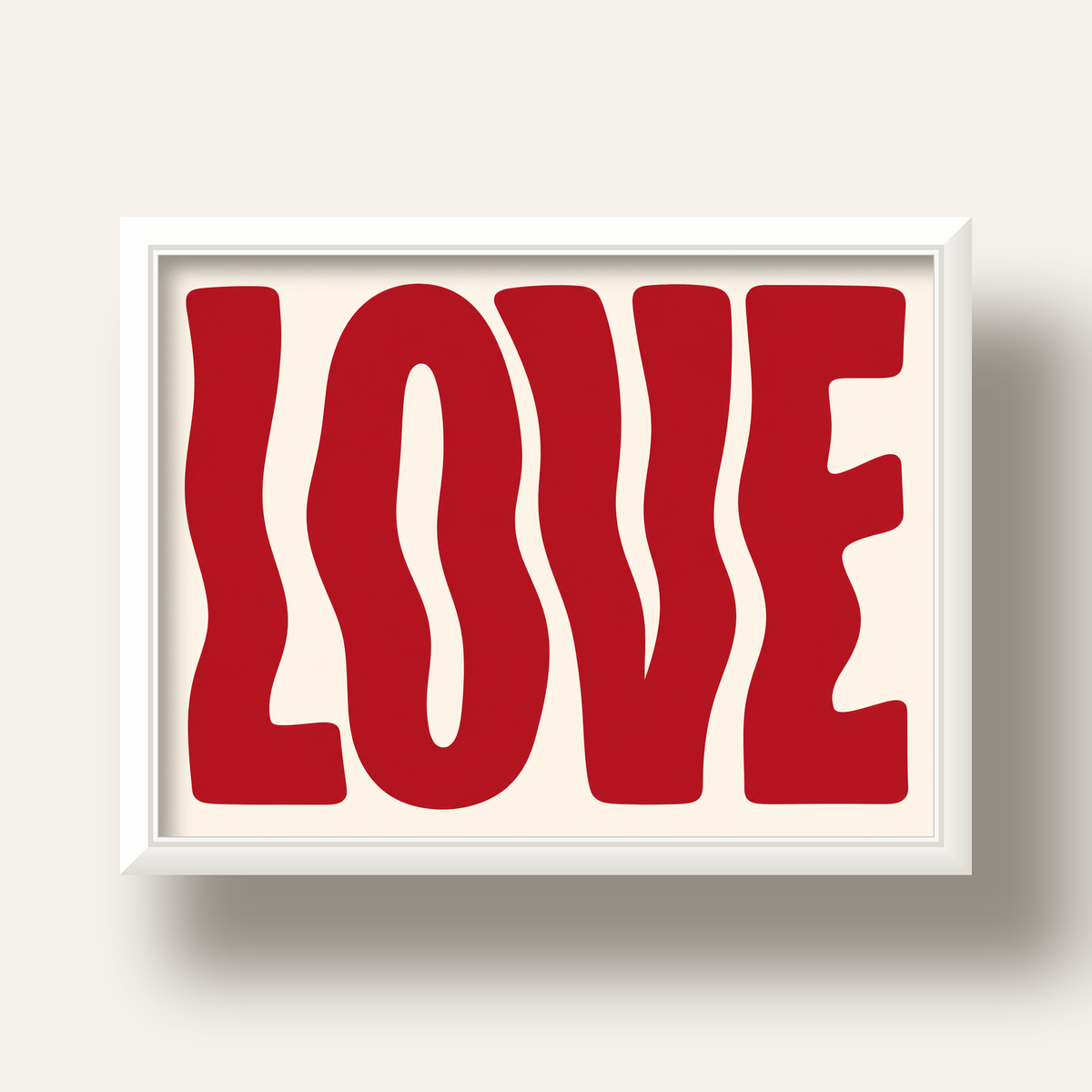 Dalgalı Kırmızı LOVE Yazılı Retro Minimal Poster — beyaz derin çerçeveli