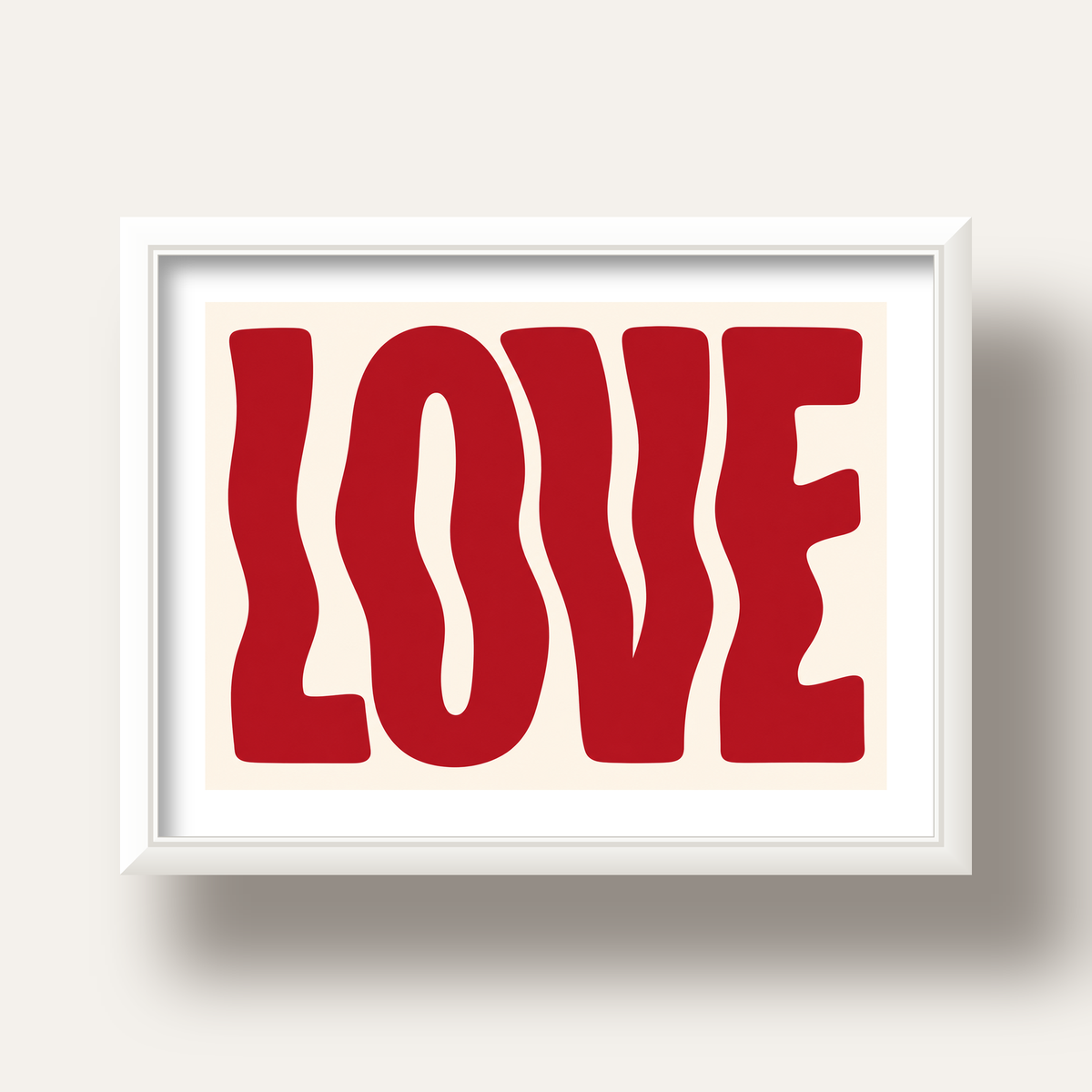 Dalgalı Kırmızı LOVE Yazılı Retro Minimal Poster — beyaz derin çerçeveli paspartulu