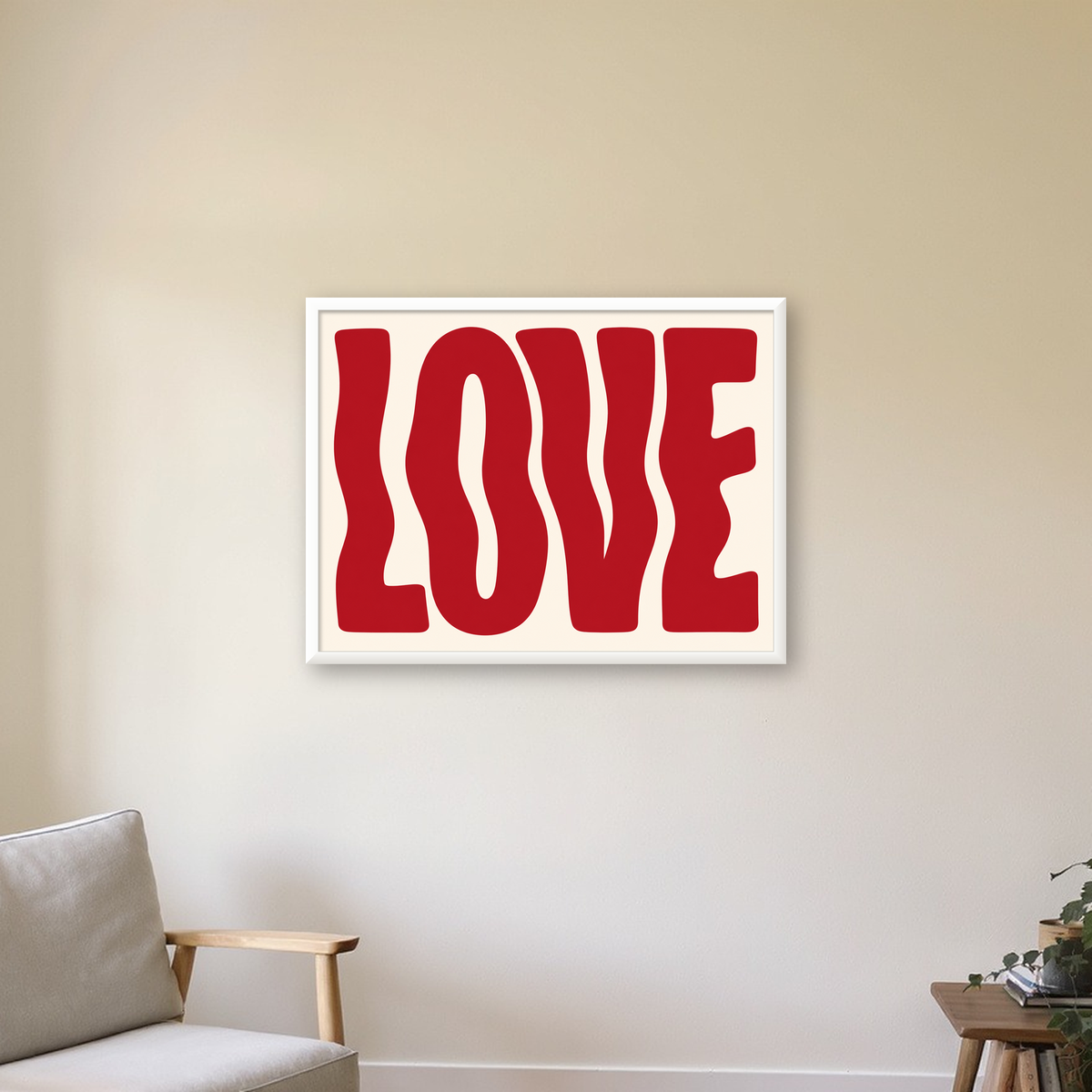 Dalgalı Kırmızı LOVE Yazılı Retro Minimal Poster — beyaz çerçeveli yatay poster