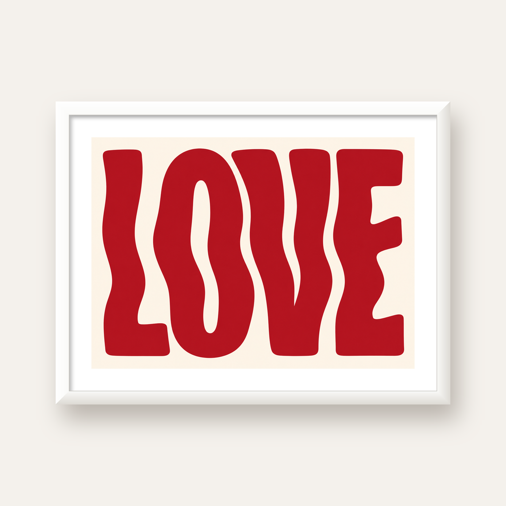 Dalgalı Kırmızı LOVE Yazılı Retro Minimal Poster — beyaz çerçeveli yatay poster