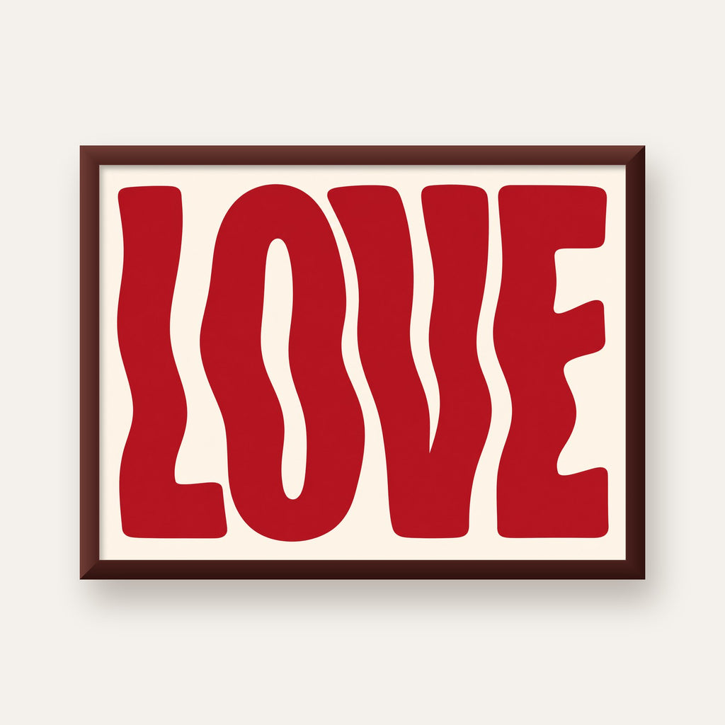Dalgalı Kırmızı LOVE Yazılı Retro Minimal Poster — ceviz çerçeveli